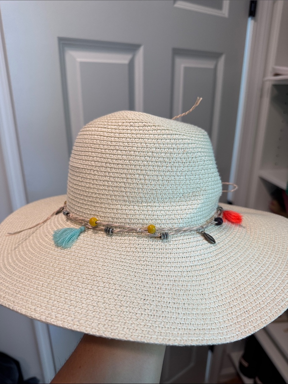 Women's Cream Straw Sun Hat with Colorful Tassel Trim